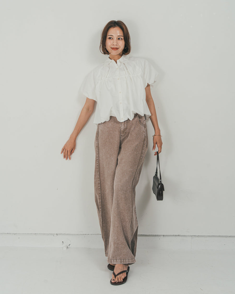 ［SET］バルーンShirringハーフスリーブシャツ + 10oz サイドタック リラックスデニムパンツ（2SET）