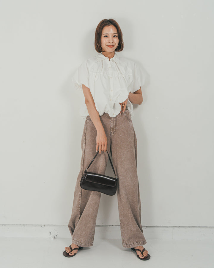 ［SET］バルーンShirringハーフスリーブシャツ + 10oz サイドタック リラックスデニムパンツ（2SET）