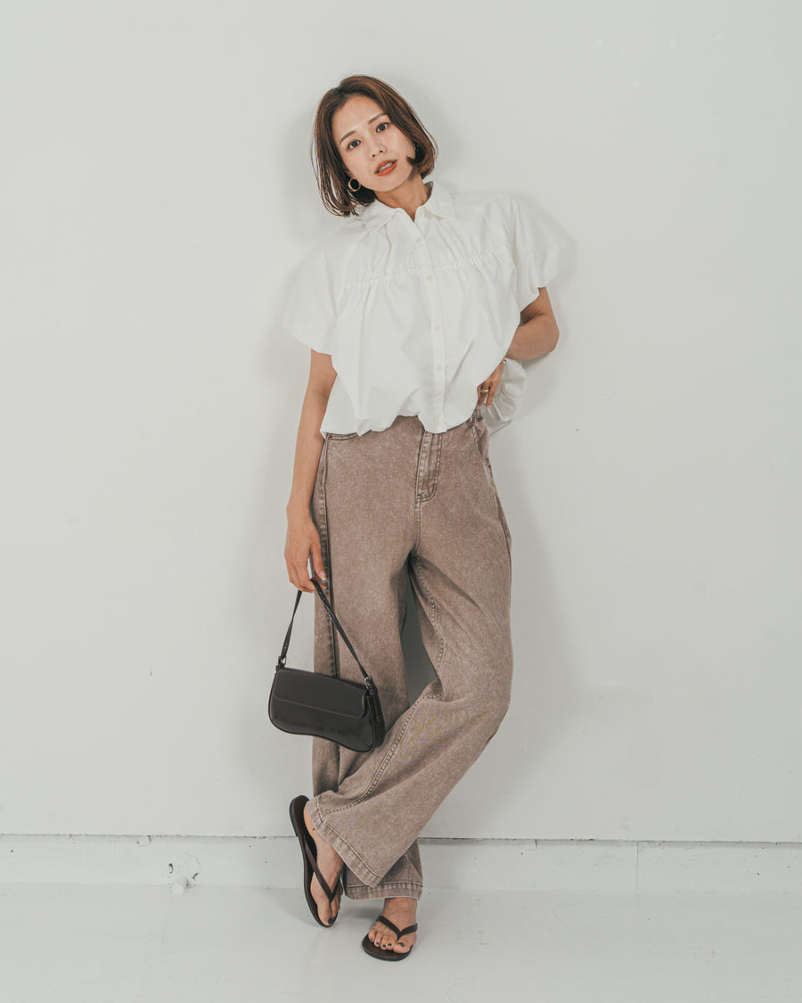 ［SET］バルーンShirringハーフスリーブシャツ + 10oz サイドタック リラックスデニムパンツ（2SET）