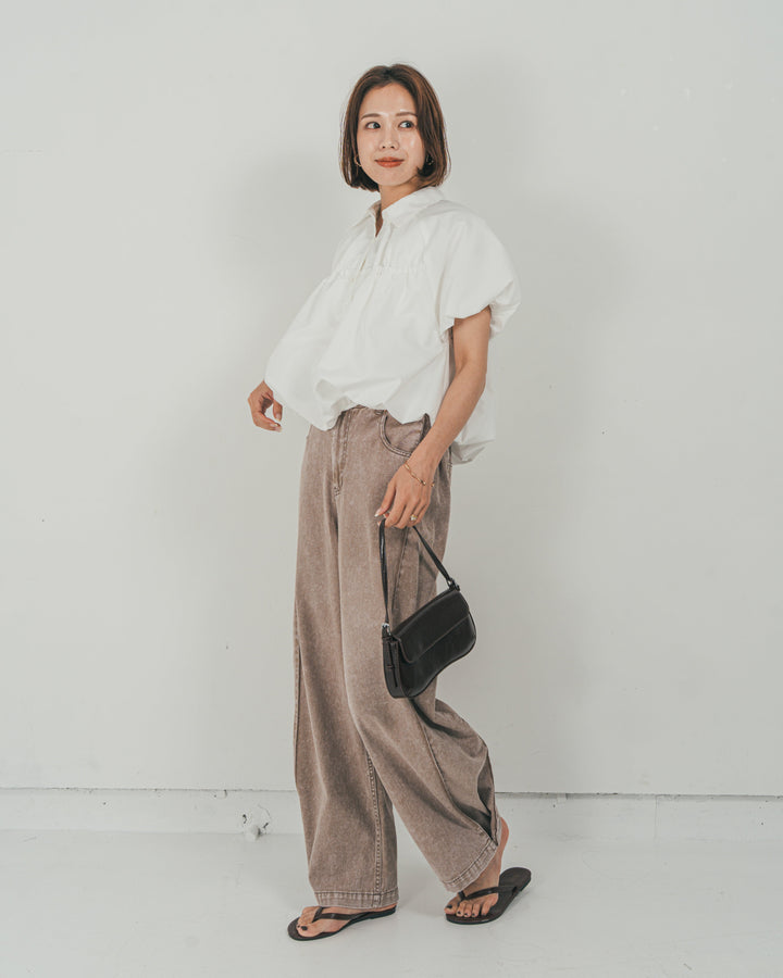 ［SET］バルーンShirringハーフスリーブシャツ + 10oz サイドタック リラックスデニムパンツ（2SET）