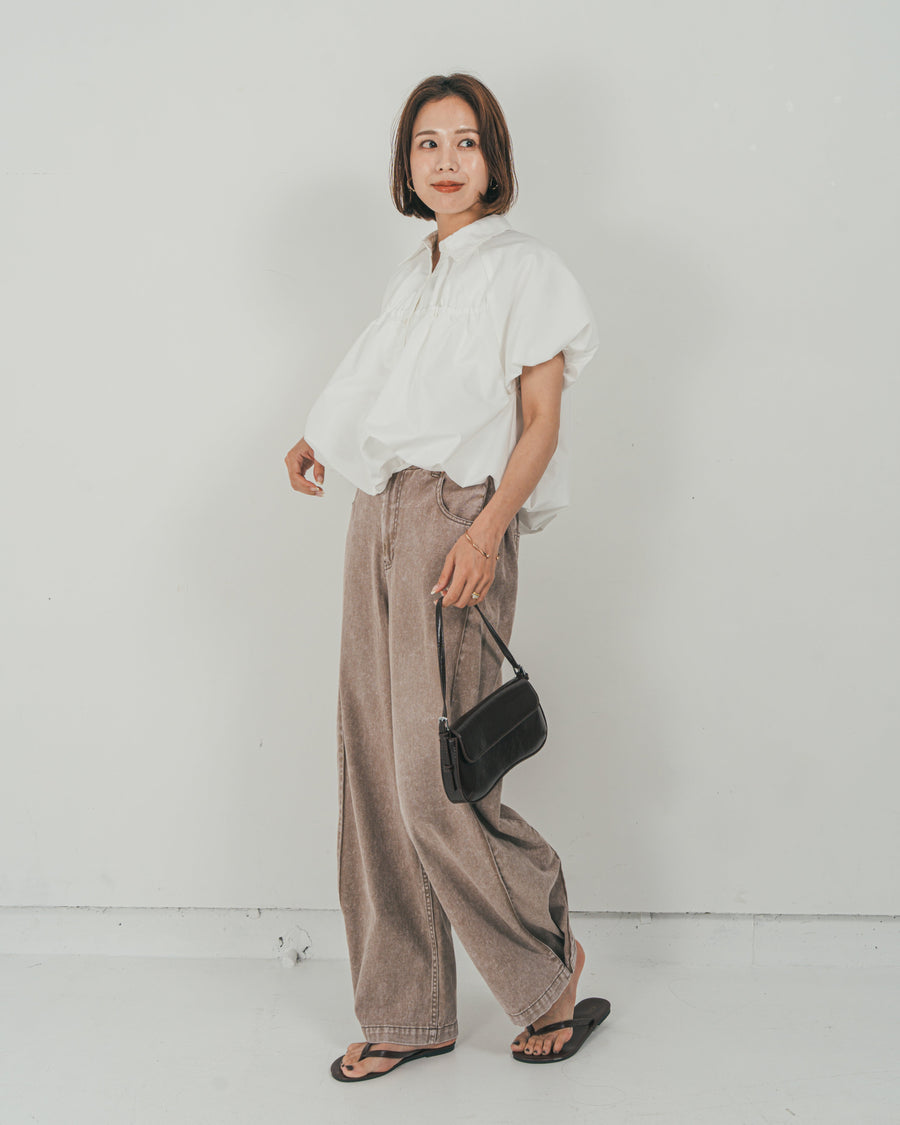 ［SET］バルーンShirringハーフスリーブシャツ + 10oz サイドタック リラックスデニムパンツ（2SET）