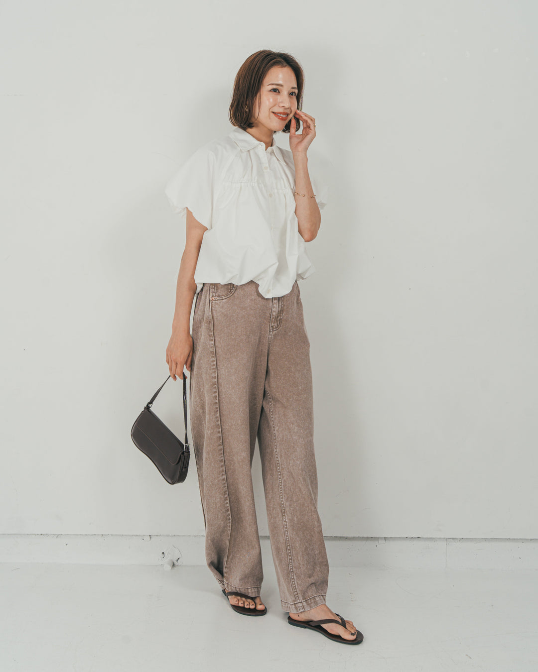 ［SET］バルーンShirringハーフスリーブシャツ + 10oz サイドタック リラックスデニムパンツ（2SET）