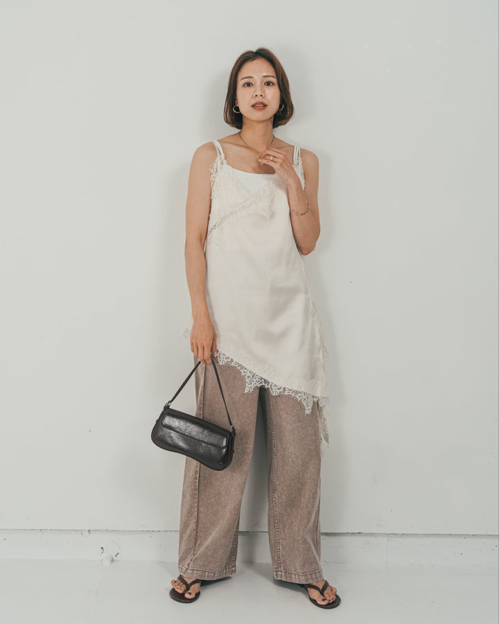 ［SET］サテンアシメ レースキャミ + 10oz サイドタック リラックスデニムパンツ（2SET）