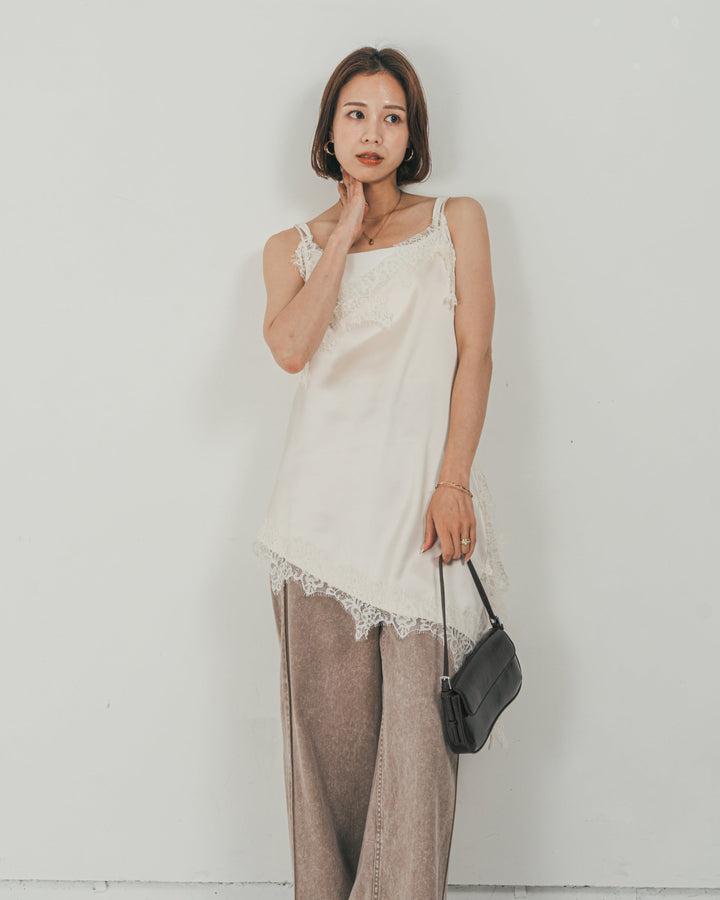 ［SET］サテンアシメ レースキャミ + 10oz サイドタック リラックスデニムパンツ（2SET）