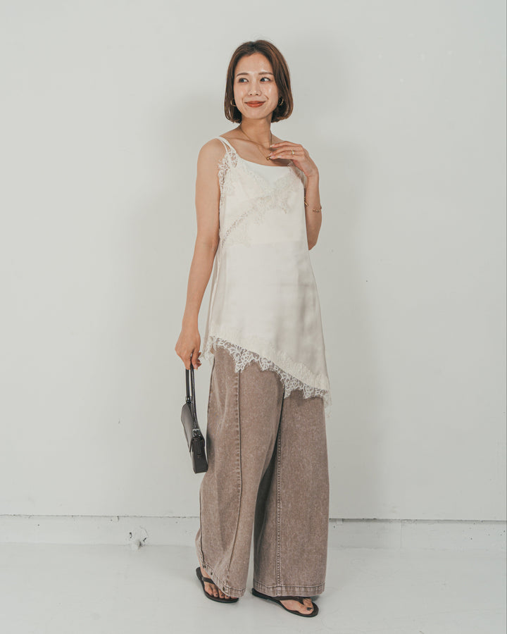 ［SET］サテンアシメ レースキャミ + 10oz サイドタック リラックスデニムパンツ（2SET）