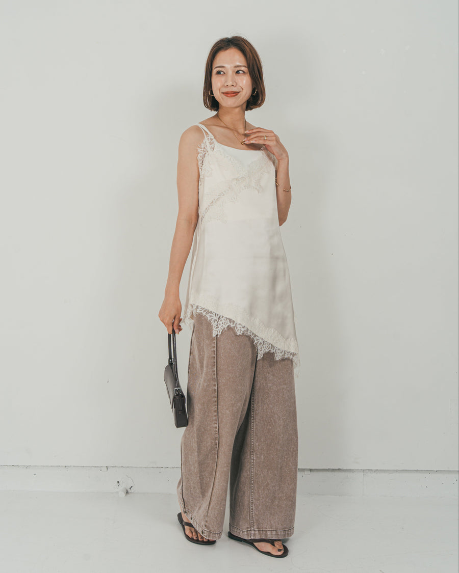 ［SET］サテンアシメ レースキャミ + 10oz サイドタック リラックスデニムパンツ（2SET）