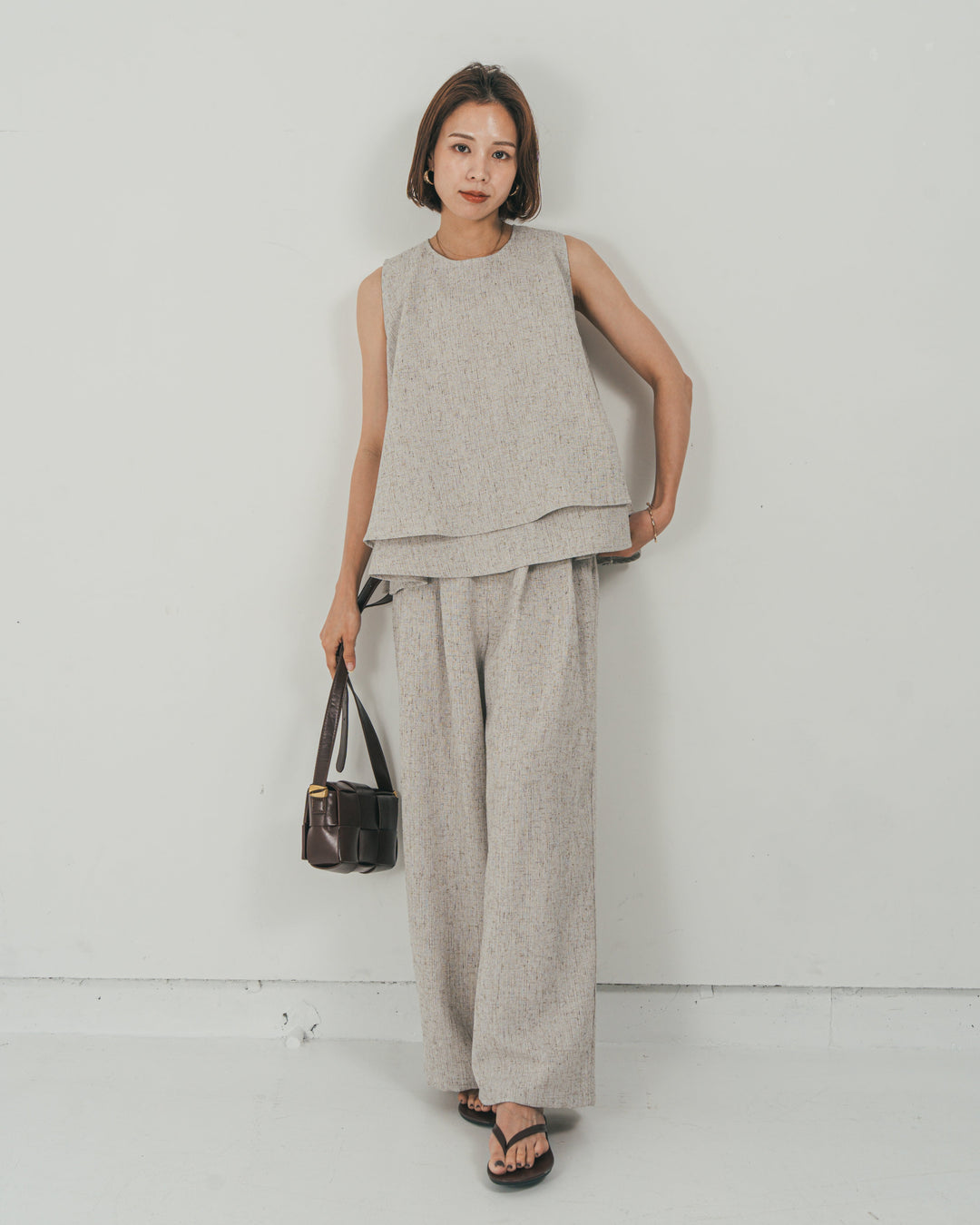 ［SET］Tweedノースリティアードタンクトップ + Tweedテイラードジレ + Tweedダブルタックパンツ（3SET）