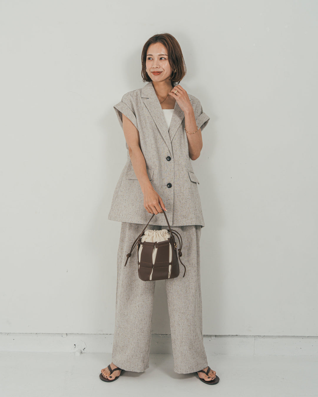 ［SET］Tweedノースリティアードタンクトップ + Tweedテイラードジレ + Tweedダブルタックパンツ（3SET）