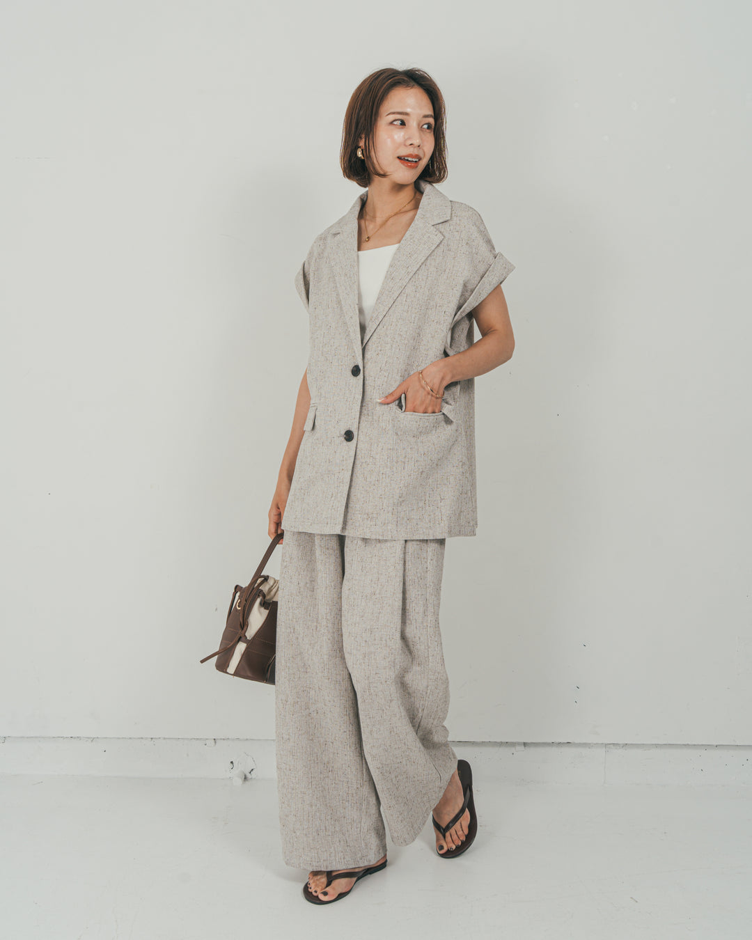 ［SET］Tweedノースリティアードタンクトップ + Tweedテイラードジレ + Tweedダブルタックパンツ（3SET）