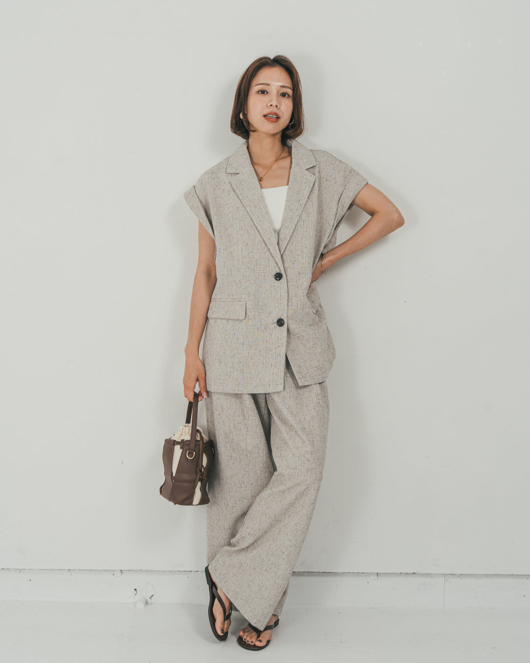 ［SET］Tweedノースリティアードタンクトップ + Tweedテイラードジレ + Tweedダブルタックパンツ（3SET）