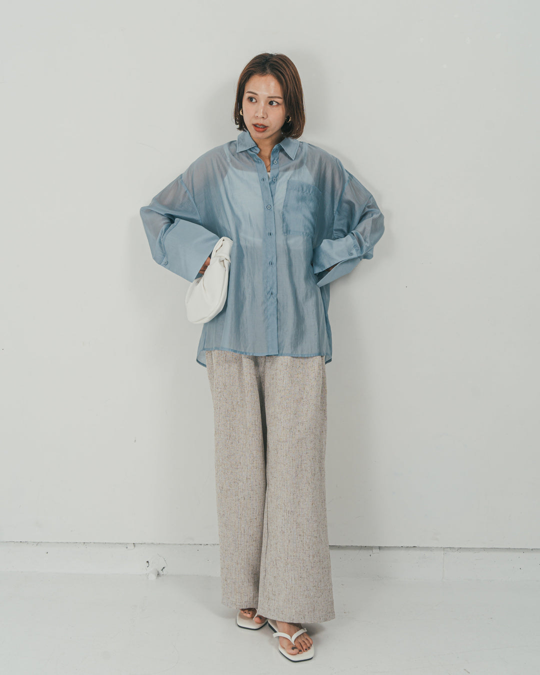 ［SET］Clear Sheer オーバーシャツ + Tweedダブルタックパンツ（2SET）