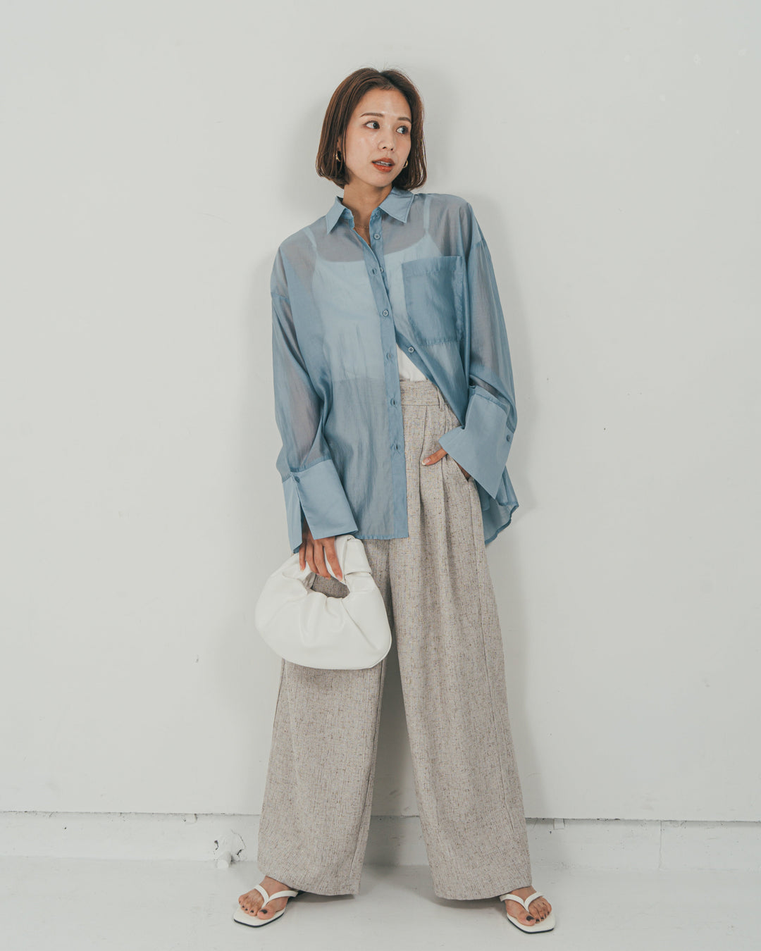 ［SET］Clear Sheer オーバーシャツ + Tweedダブルタックパンツ（2SET）