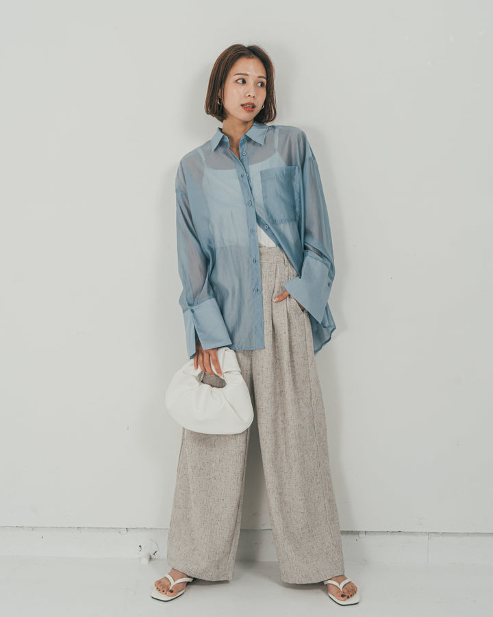 ［SET］Clear Sheer オーバーシャツ + Tweedダブルタックパンツ（2SET）