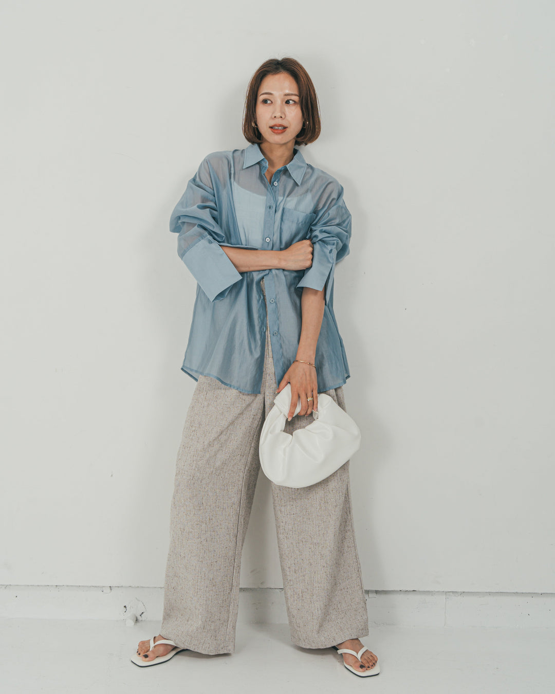 ［SET］Clear Sheer オーバーシャツ + Tweedダブルタックパンツ（2SET）
