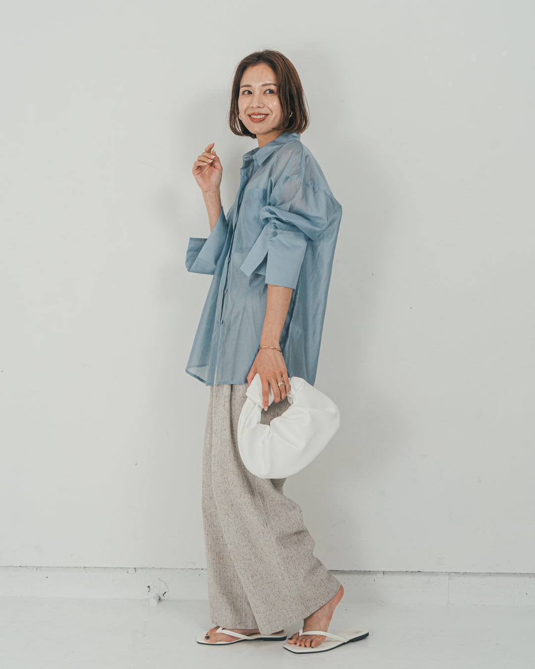 ［SET］Clear Sheer オーバーシャツ + Tweedダブルタックパンツ（2SET）