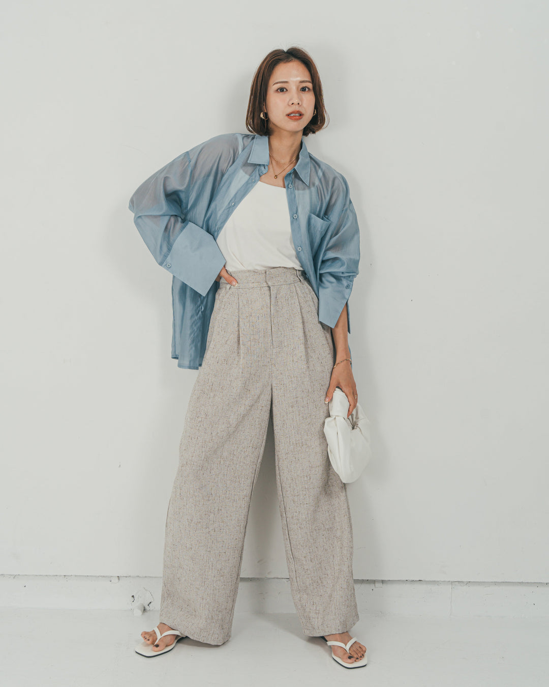 ［SET］Clear Sheer オーバーシャツ + Tweedダブルタックパンツ（2SET）