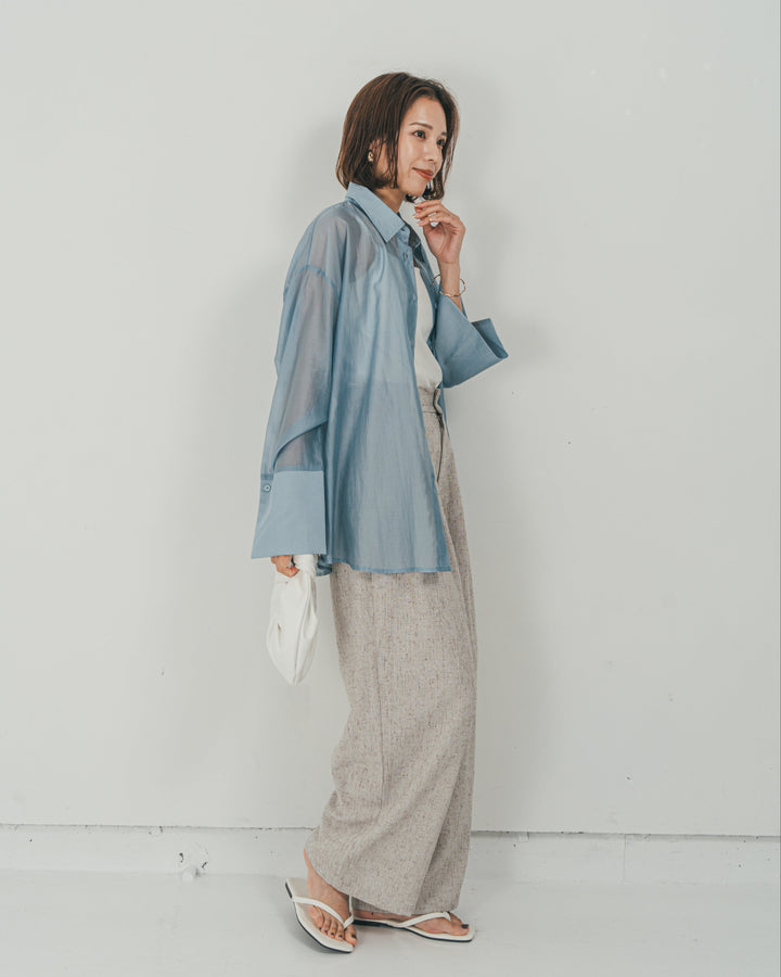 ［SET］Clear Sheer オーバーシャツ + Tweedダブルタックパンツ（2SET）