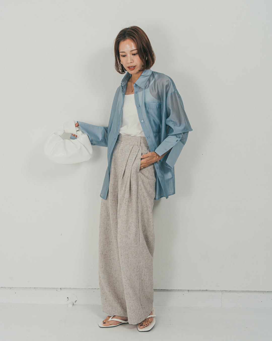 ［SET］Clear Sheer オーバーシャツ + Tweedダブルタックパンツ（2SET）