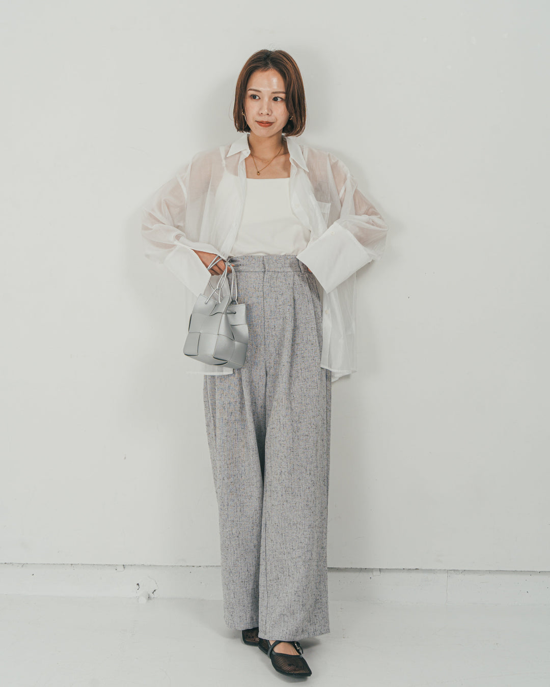 ［SET］Clear Sheer オーバーシャツ + Tweedダブルタックパンツ（2SET）