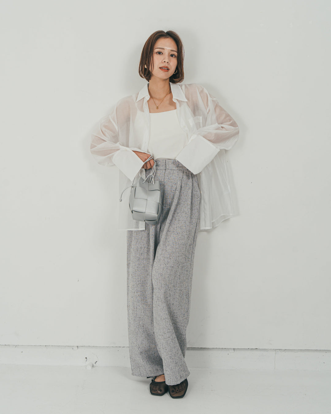 ［SET］Clear Sheer オーバーシャツ + Tweedダブルタックパンツ（2SET）