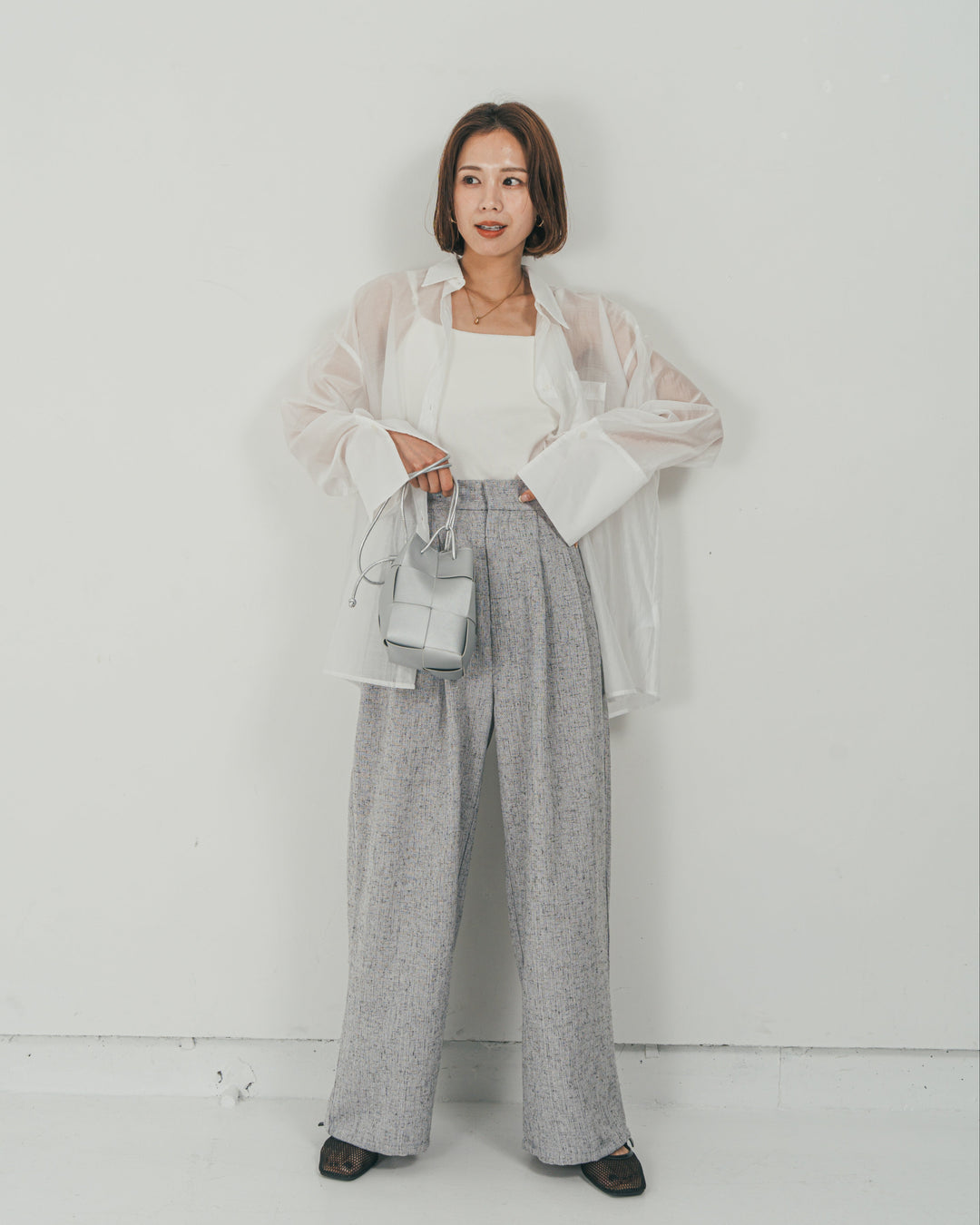 ［SET］Clear Sheer オーバーシャツ + Tweedダブルタックパンツ（2SET）