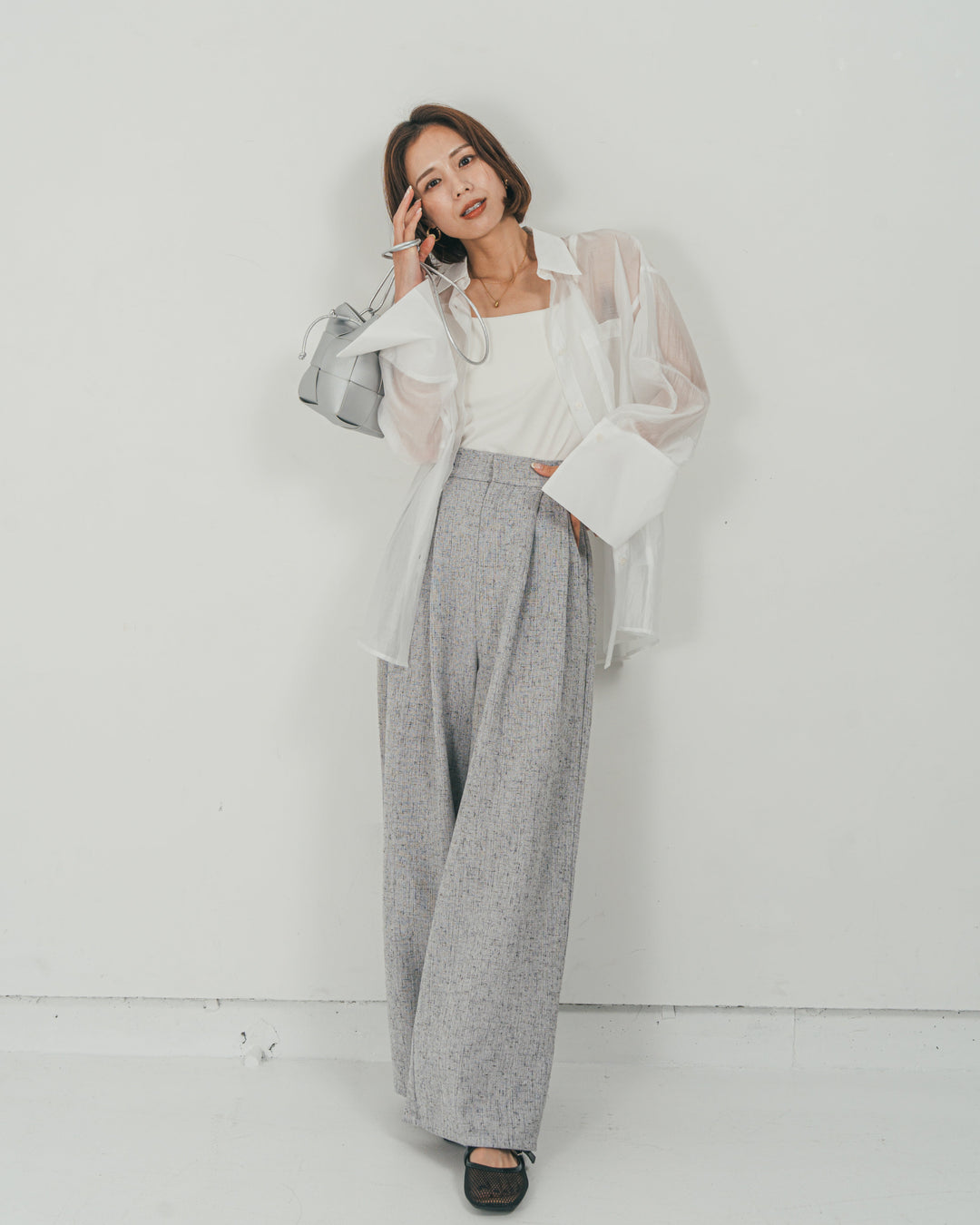 ［SET］Clear Sheer オーバーシャツ + Tweedダブルタックパンツ（2SET）