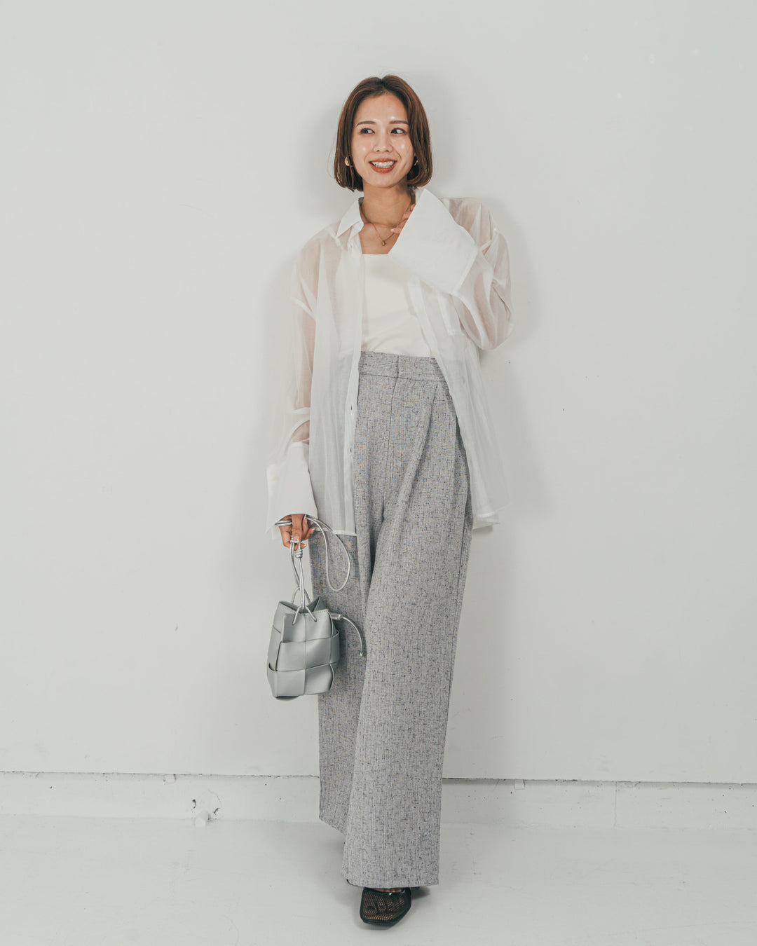［SET］Clear Sheer オーバーシャツ + Tweedダブルタックパンツ（2SET）