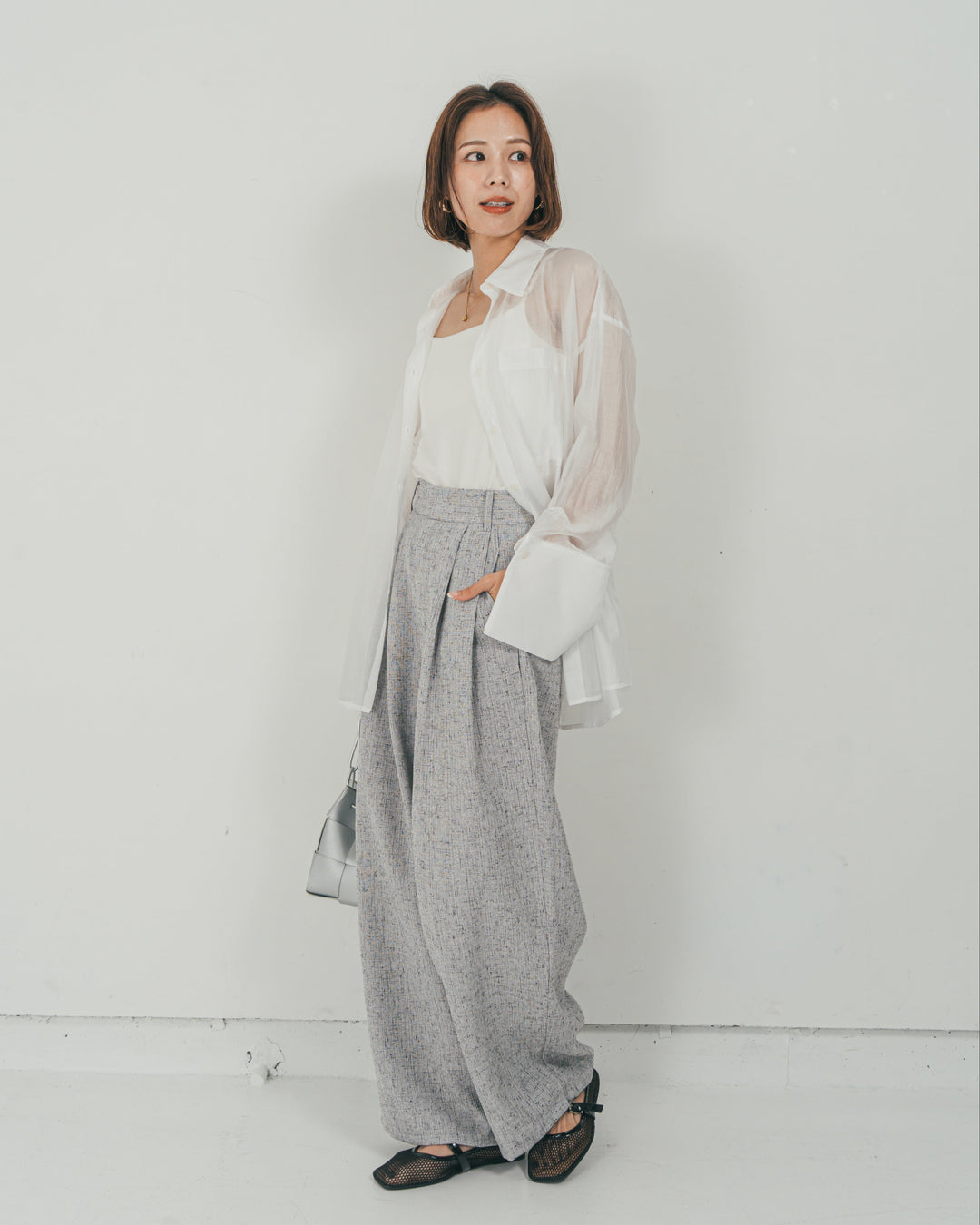 ［SET］Clear Sheer オーバーシャツ + Tweedダブルタックパンツ（2SET）