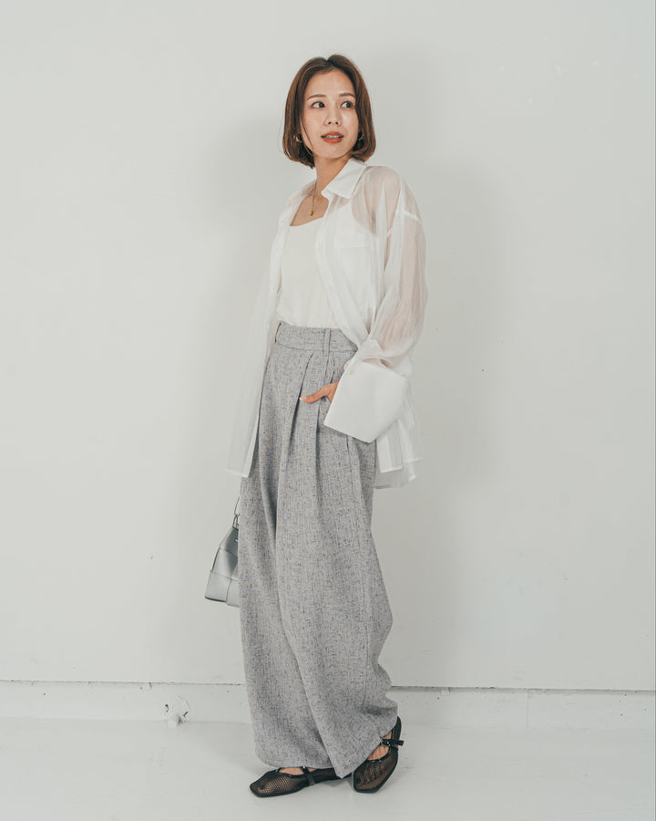 ［SET］Clear Sheer オーバーシャツ + Tweedダブルタックパンツ（2SET）