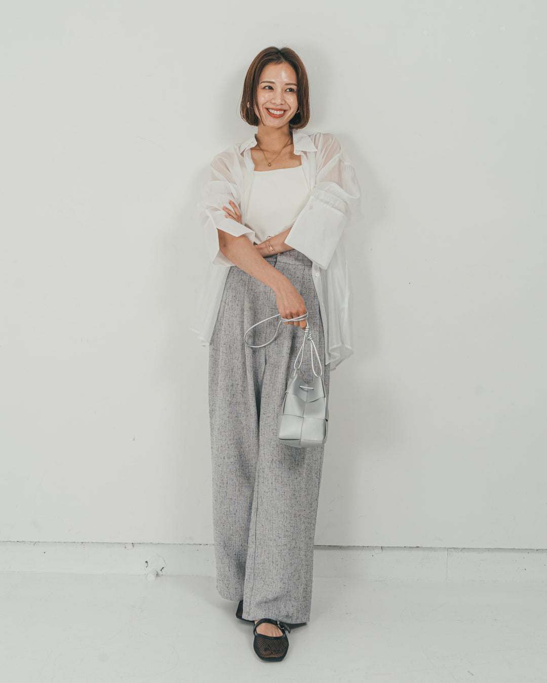 ［SET］Clear Sheer オーバーシャツ + Tweedダブルタックパンツ（2SET）