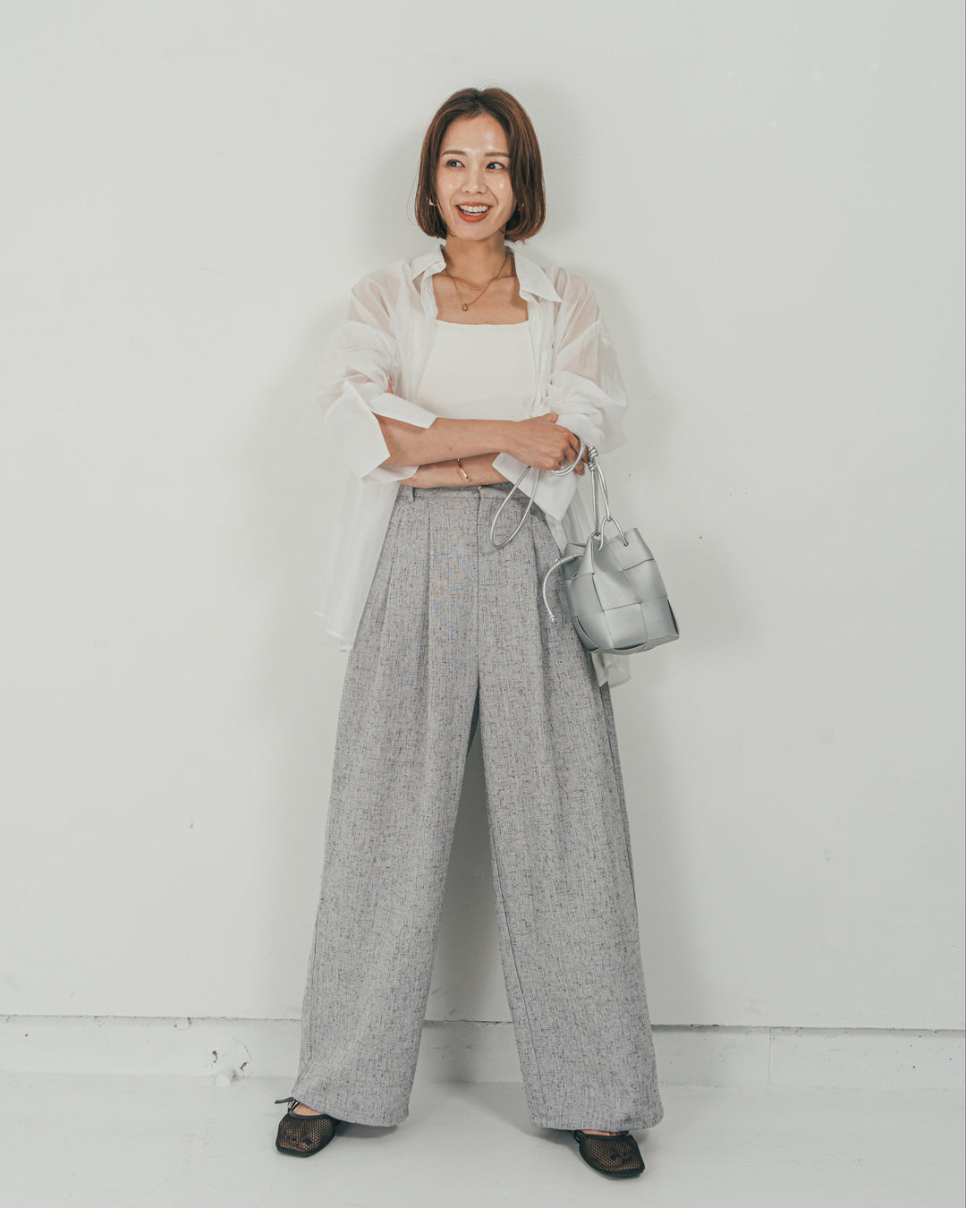 ［SET］Clear Sheer オーバーシャツ + Tweedダブルタックパンツ（2SET）