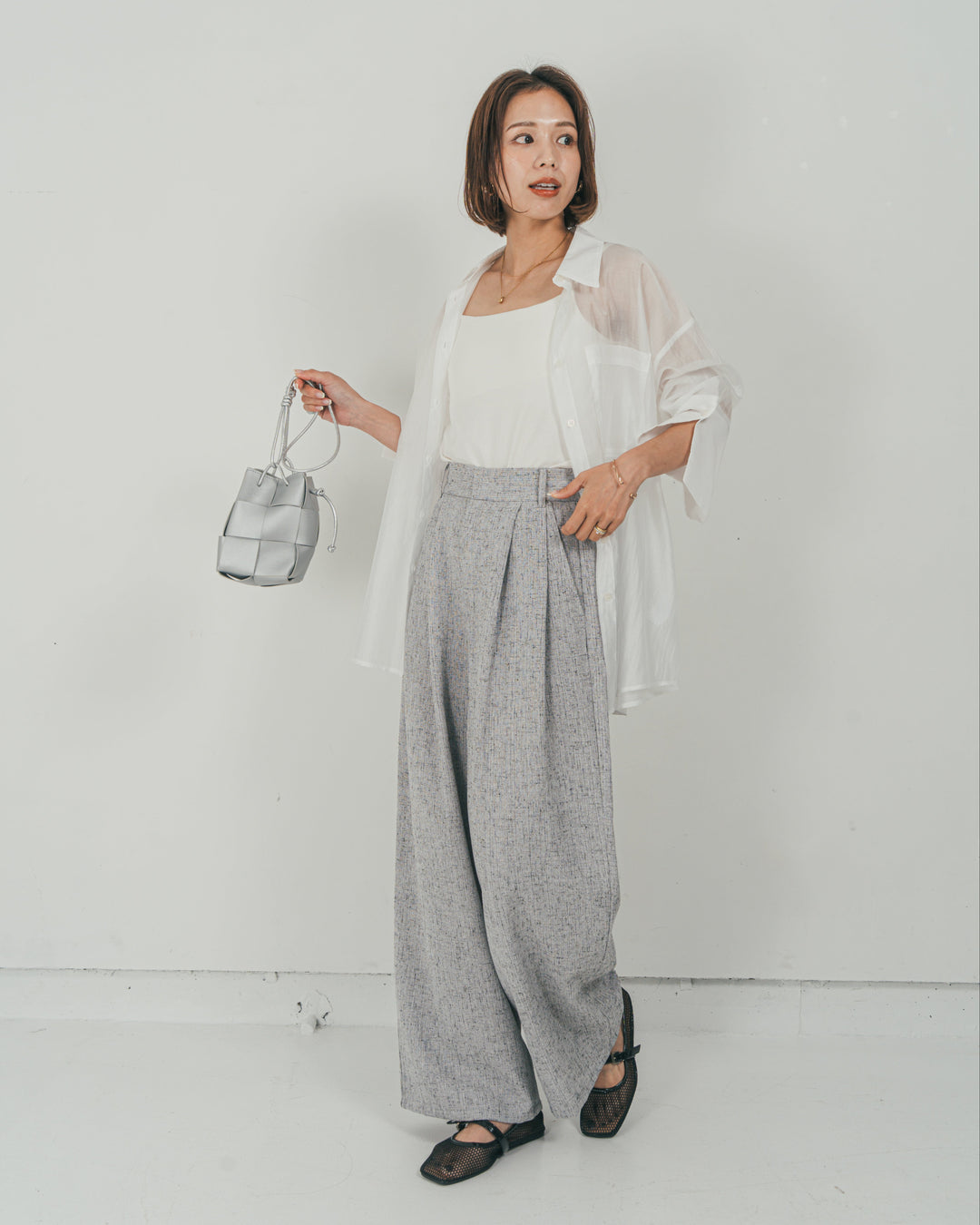 ［SET］Clear Sheer オーバーシャツ + Tweedダブルタックパンツ（2SET）