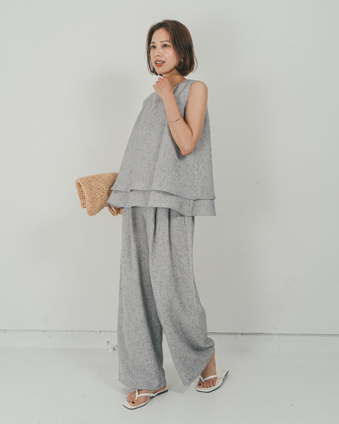 ［SET］Tweedノースリティアードタンクトップ + Tweedダブルタックパンツ（2SET）