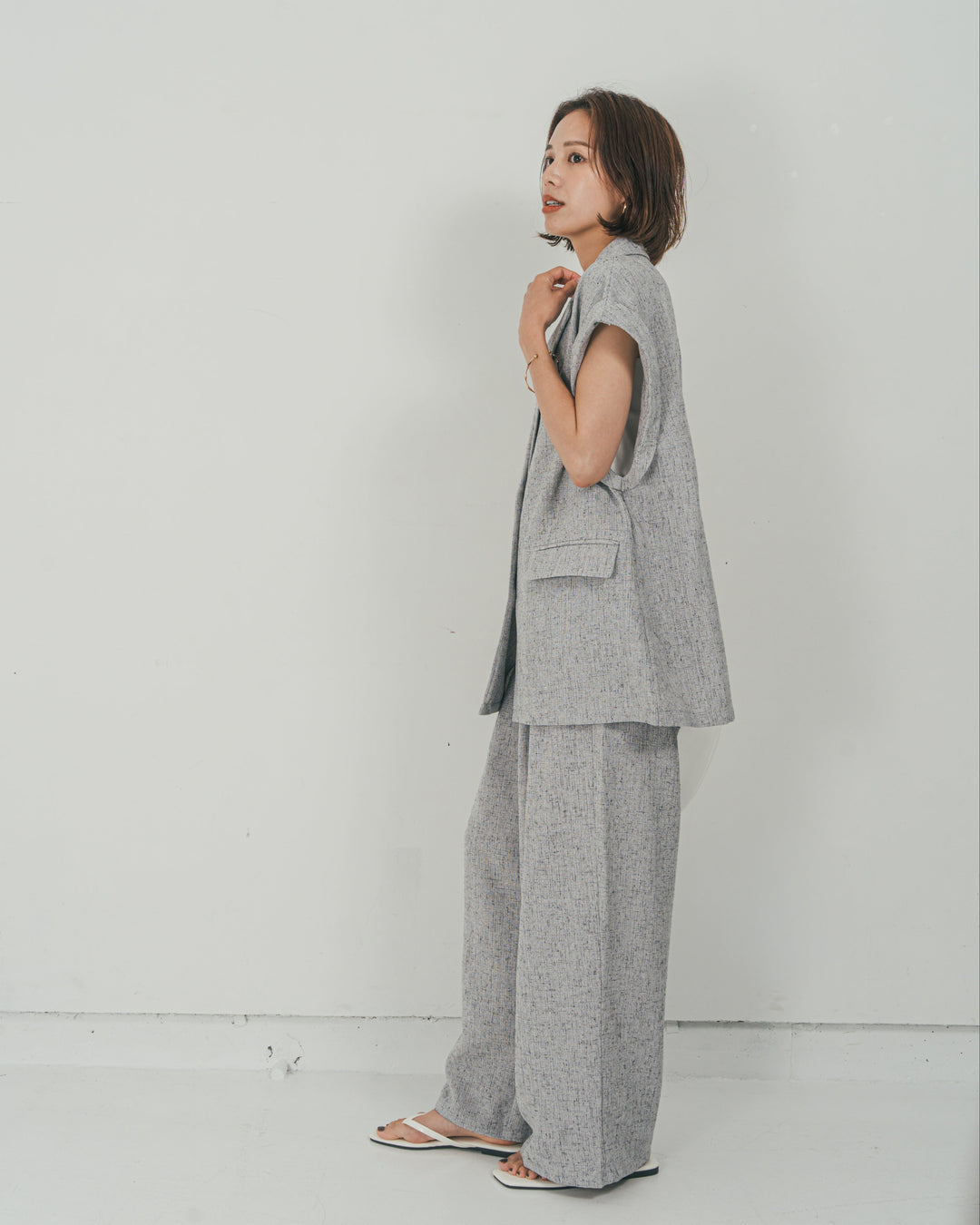 ［SET］Tweedノースリティアードタンクトップ + Tweedテイラードジレ + Tweedダブルタックパンツ（3SET）