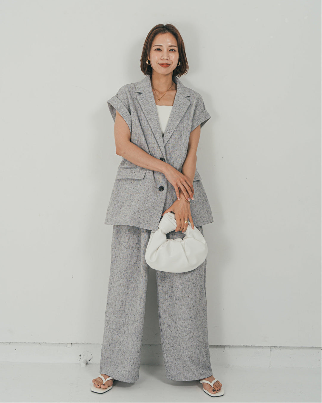 ［SET］Tweedノースリティアードタンクトップ + Tweedテイラードジレ + Tweedダブルタックパンツ（3SET）