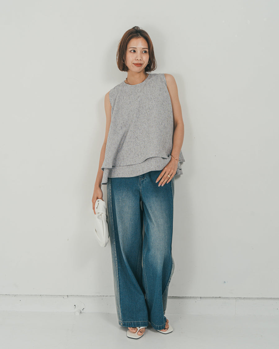 ［SET］Tweedノースリティアードタンクトップ + 10oz サイドタック リラックスデニムパンツ（2SET）