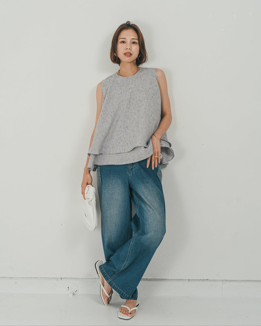［SET］Tweedノースリティアードタンクトップ + 10oz サイドタック リラックスデニムパンツ（2SET）
