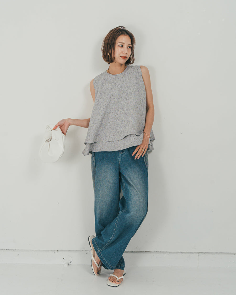 ［SET］Tweedノースリティアードタンクトップ + 10oz サイドタック リラックスデニムパンツ（2SET）