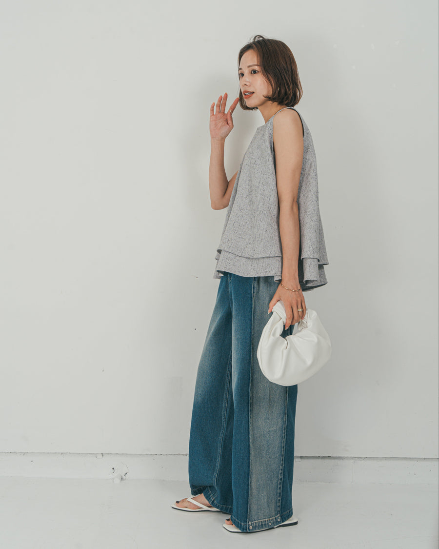 ［SET］Tweedノースリティアードタンクトップ + 10oz サイドタック リラックスデニムパンツ（2SET）