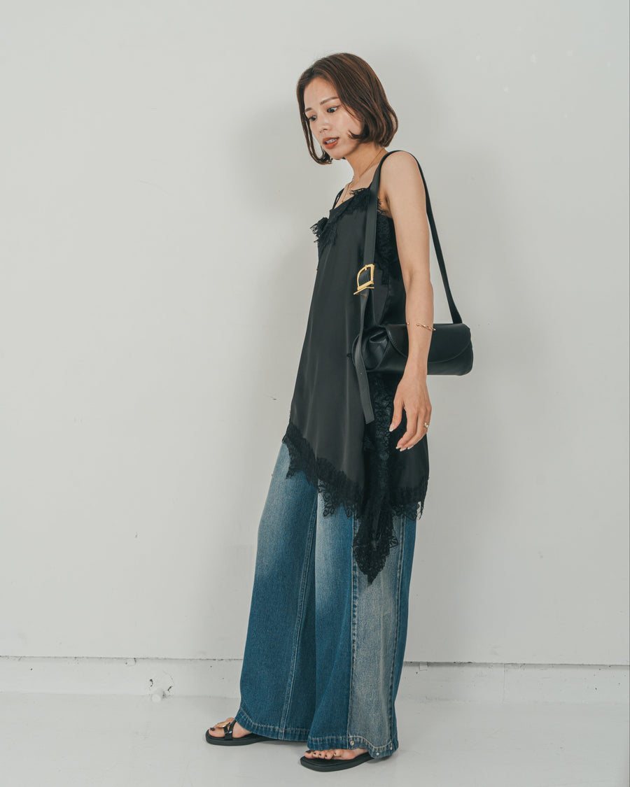 ［SET］サテンアシメ レースキャミ + 10oz サイドタック リラックスデニムパンツ（2SET）