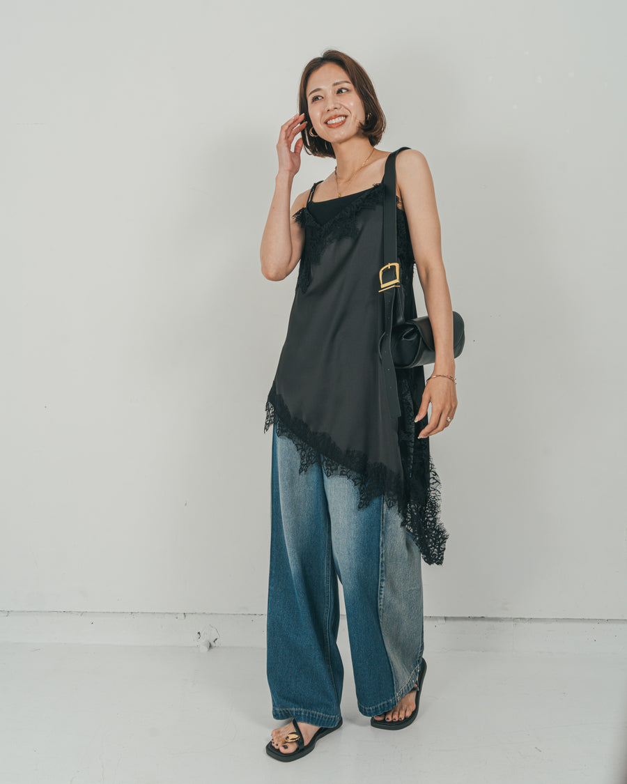 ［SET］サテンアシメ レースキャミ + 10oz サイドタック リラックスデニムパンツ（2SET）