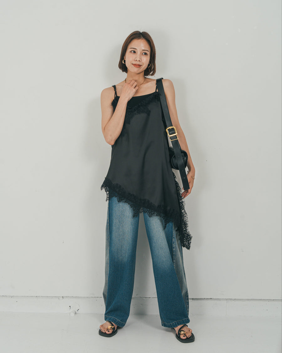 ［SET］サテンアシメ レースキャミ + 10oz サイドタック リラックスデニムパンツ（2SET）