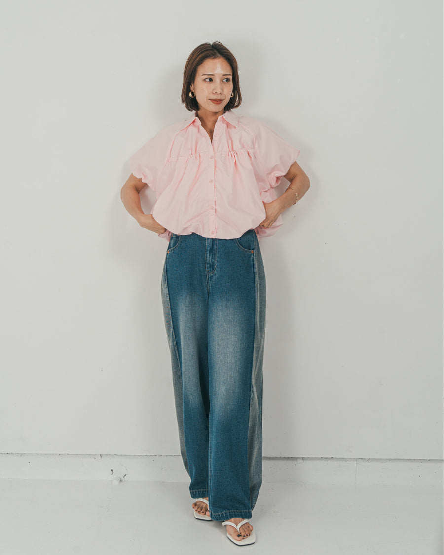 ［SET］バルーンShirringハーフスリーブシャツ + 10oz サイドタック リラックスデニムパンツ（2SET）