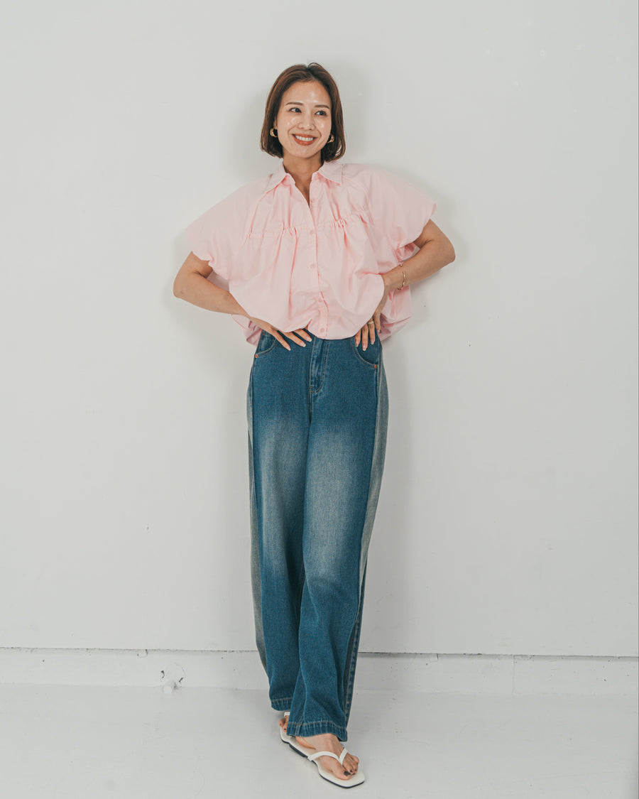 ［SET］バルーンShirringハーフスリーブシャツ + 10oz サイドタック リラックスデニムパンツ（2SET）