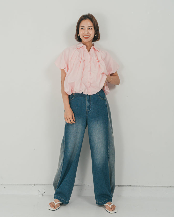 ［SET］バルーンShirringハーフスリーブシャツ + 10oz サイドタック リラックスデニムパンツ（2SET）