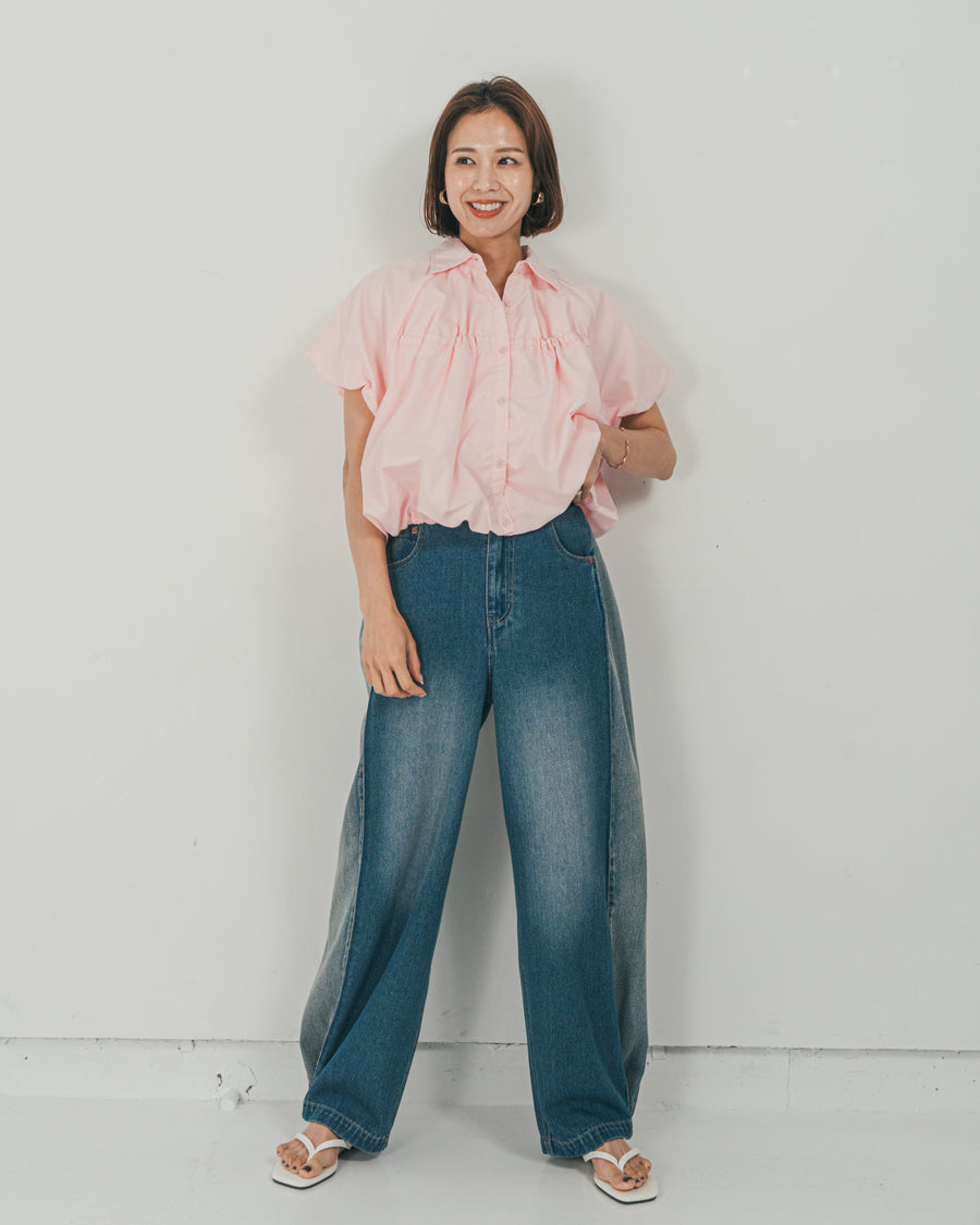 ［SET］バルーンShirringハーフスリーブシャツ + 10oz サイドタック リラックスデニムパンツ（2SET）