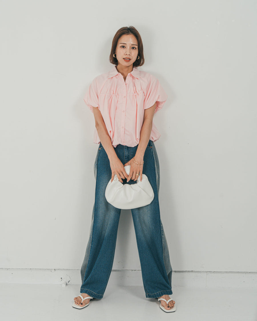 ［SET］バルーンShirringハーフスリーブシャツ + 10oz サイドタック リラックスデニムパンツ（2SET）