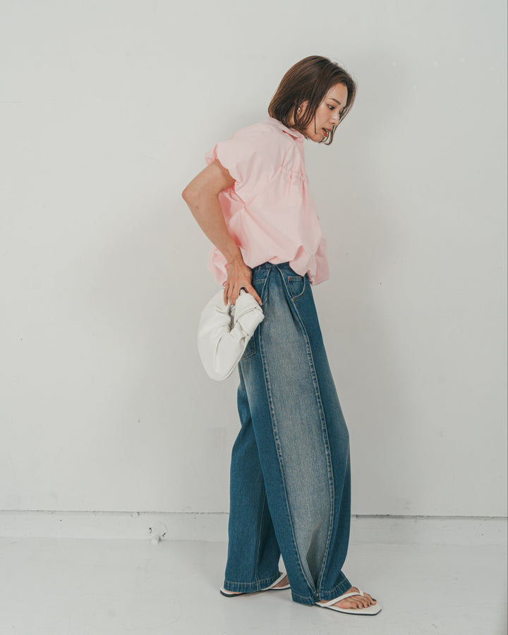 ［SET］バルーンShirringハーフスリーブシャツ + 10oz サイドタック リラックスデニムパンツ（2SET）