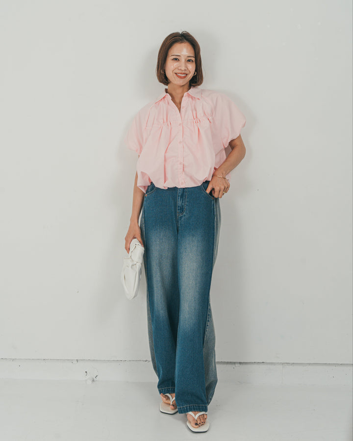 ［SET］バルーンShirringハーフスリーブシャツ + 10oz サイドタック リラックスデニムパンツ（2SET）