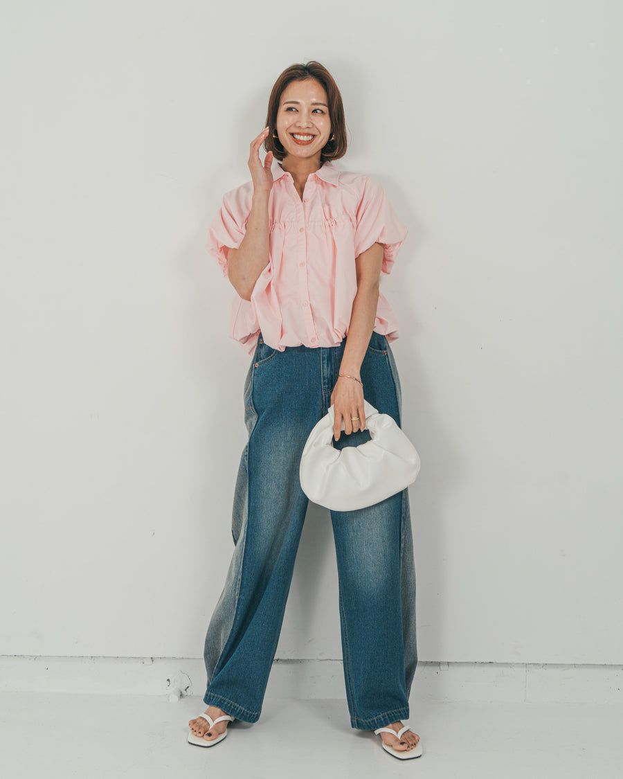 ［SET］バルーンShirringハーフスリーブシャツ + 10oz サイドタック リラックスデニムパンツ（2SET）